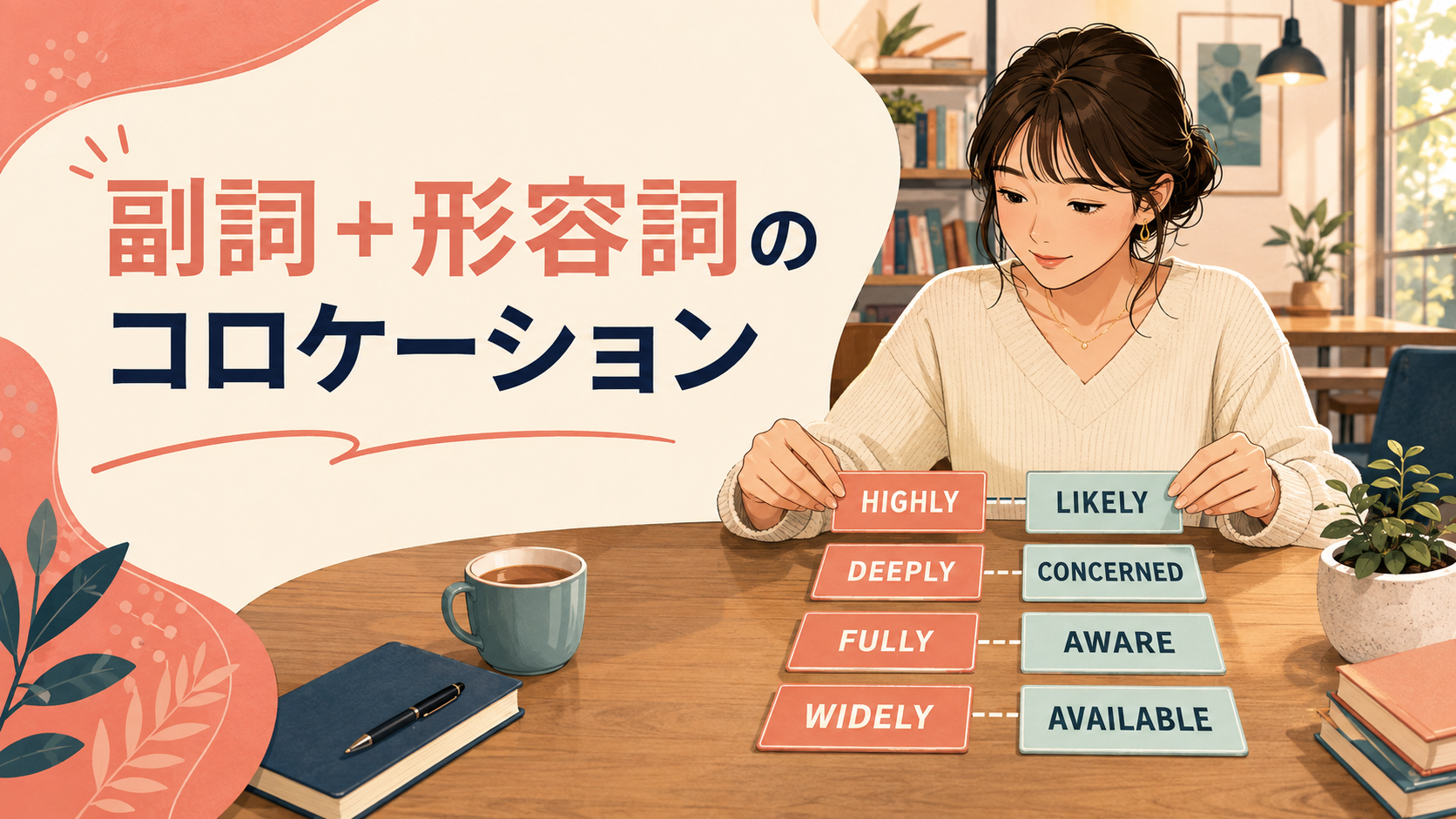 副詞＋形容詞のコロケーションを学ぶ女性とhighly likely・deeply concerned・fully aware・widely availableのカード