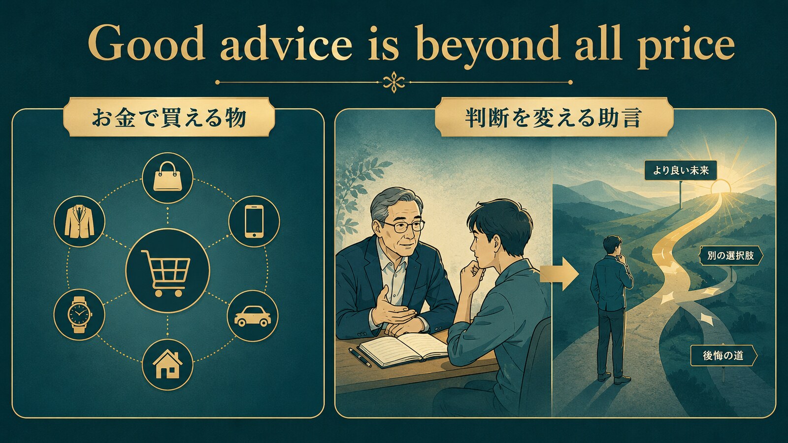 Good advice is beyond all priceの考え方を示す解説イラスト