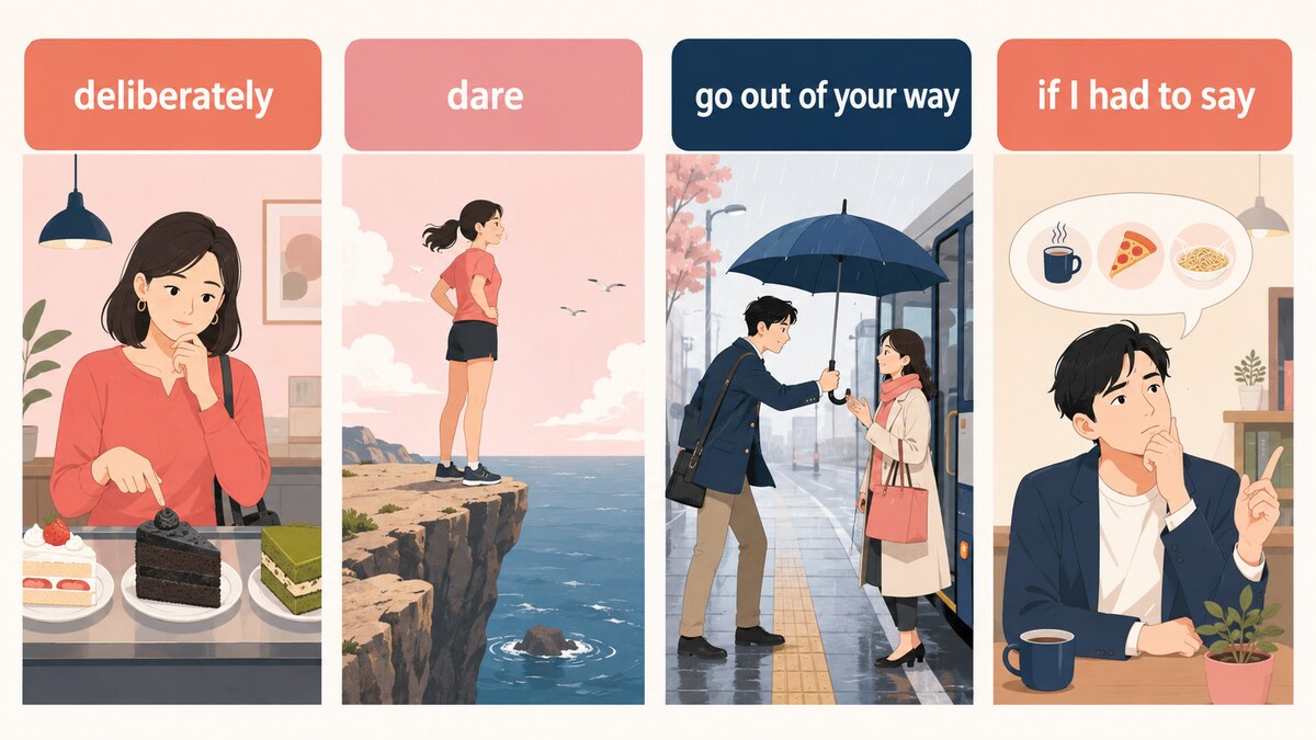 deliberately、dare、go out of your way、if I had to sayの使い分けイラスト