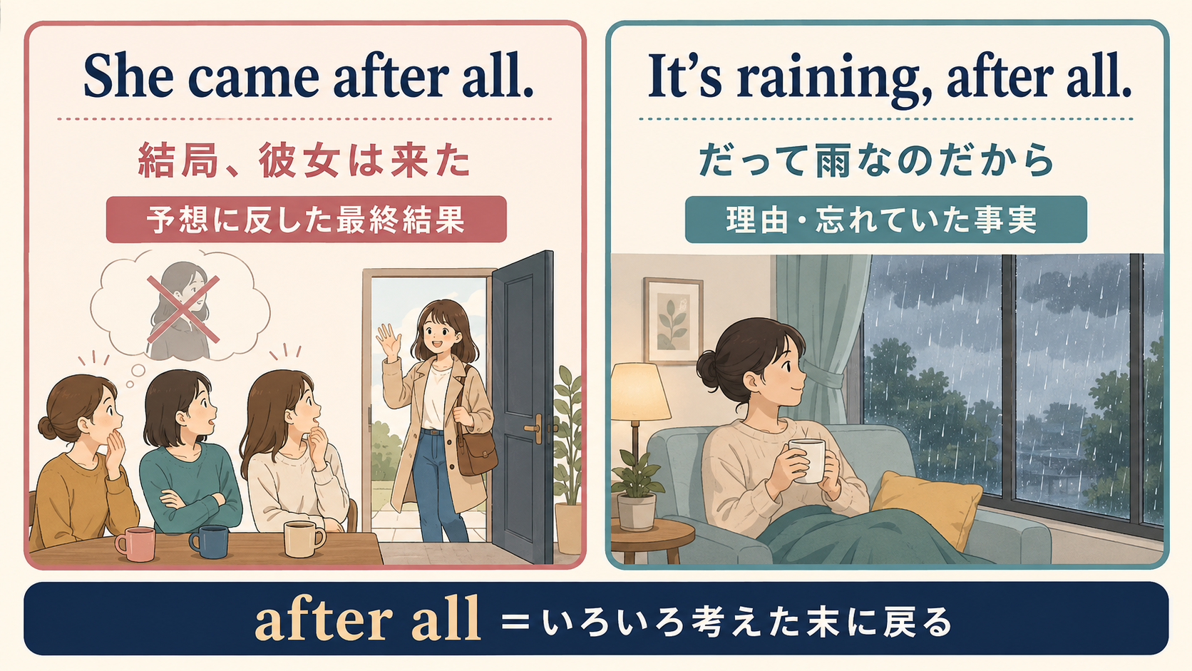 after allの最終結果と理由を示す2つの用法を比較した解説イラスト