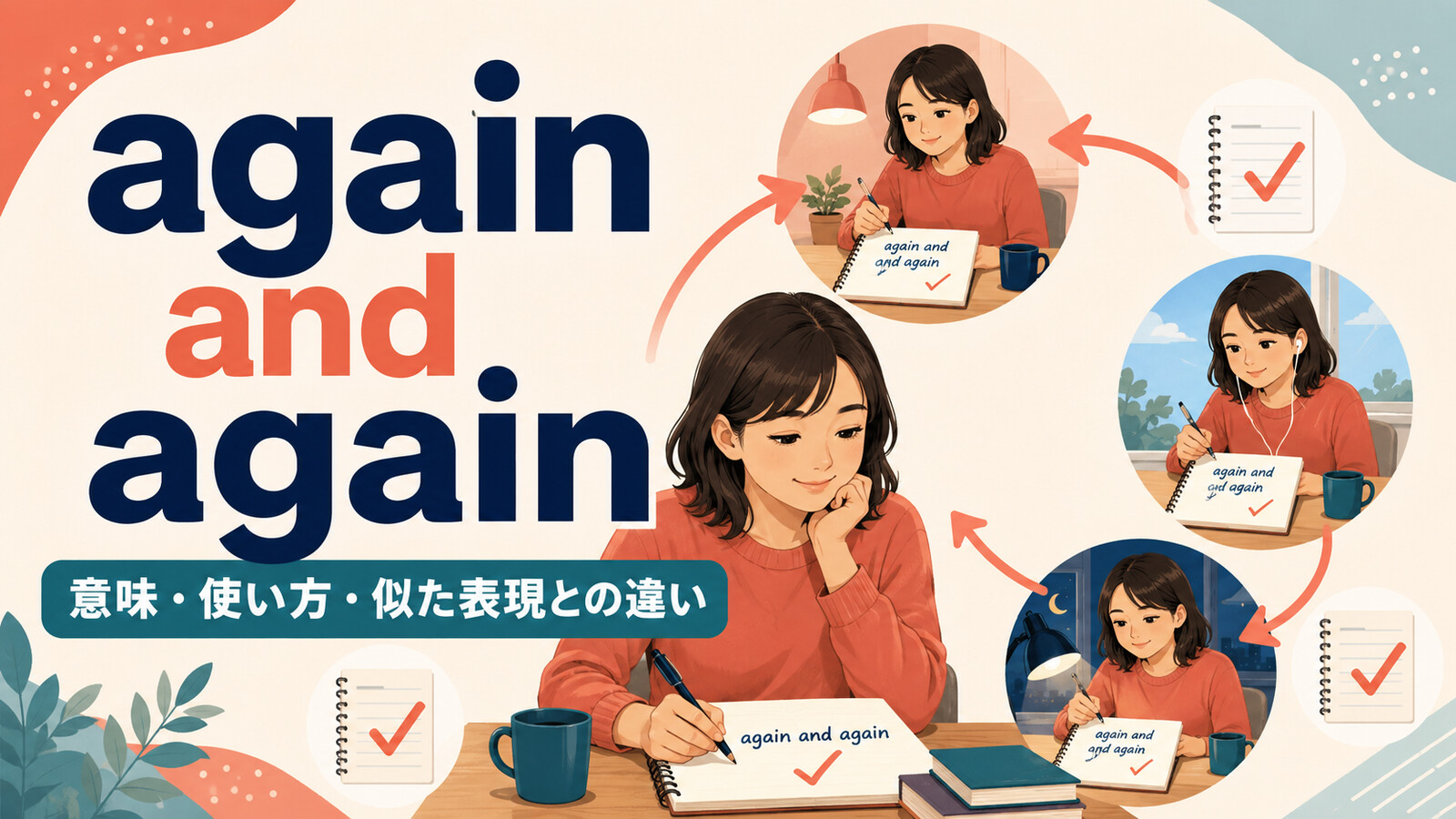 again and againの意味・使い方・似た表現との違いを解説するアイキャッチ画像
