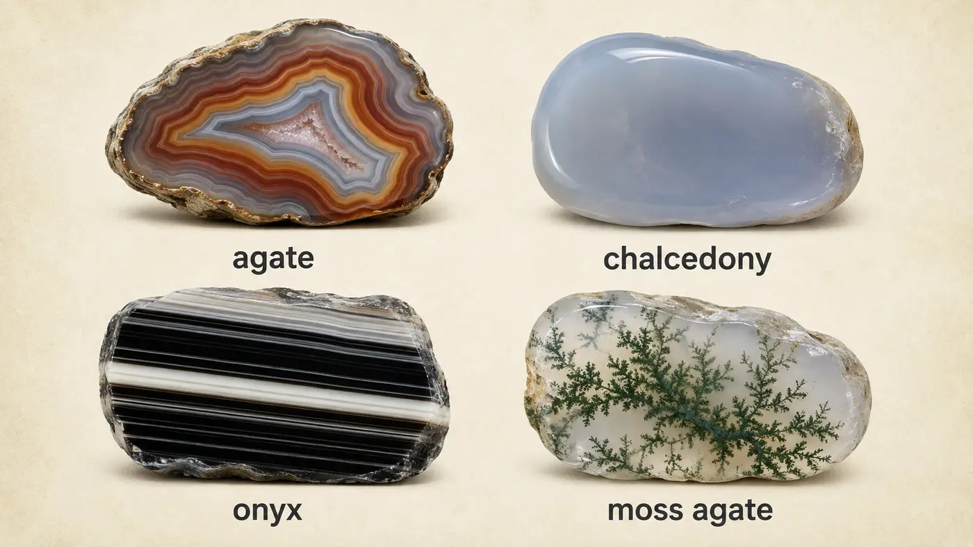 agate、chalcedony、onyx、moss agateの見た目と英語名の比較
