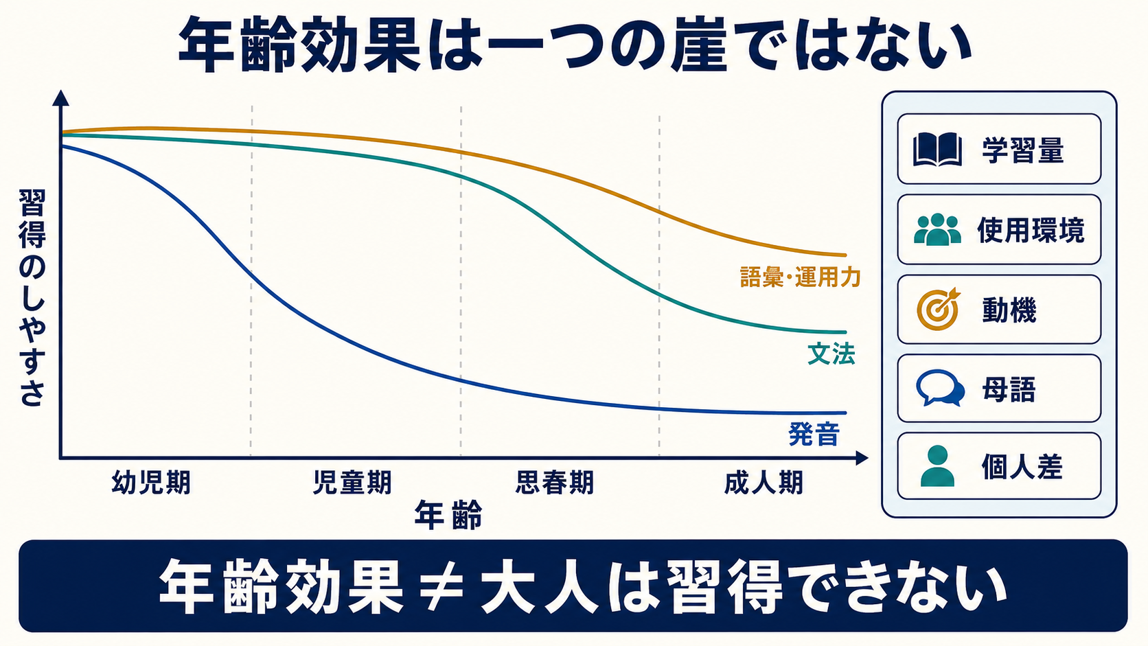 発音・文法・語彙運用力で異なる第二言語習得の年齢効果を示す概念図