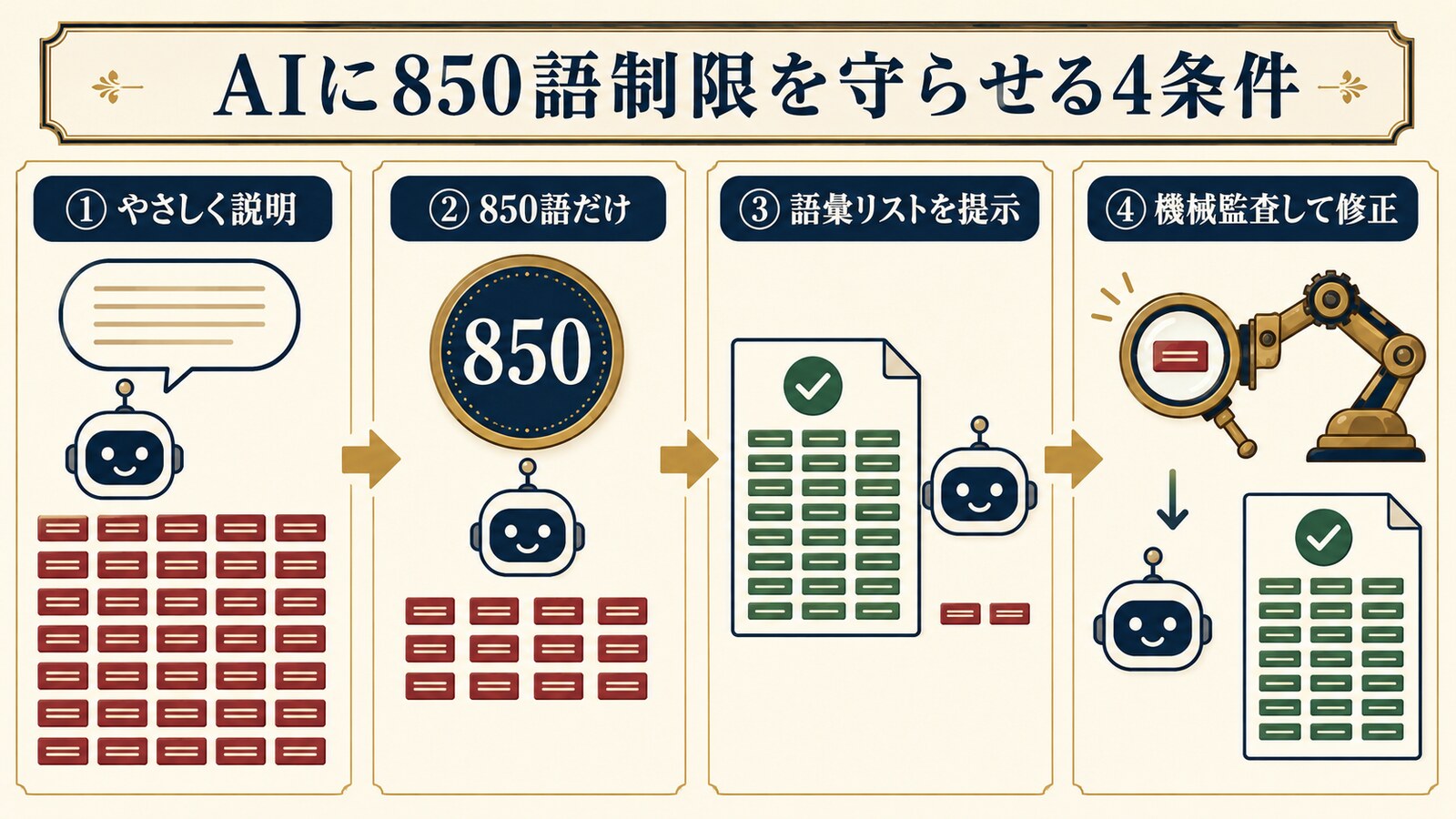 生成AIにBasic Englishの850語制限を守らせる4条件の図解