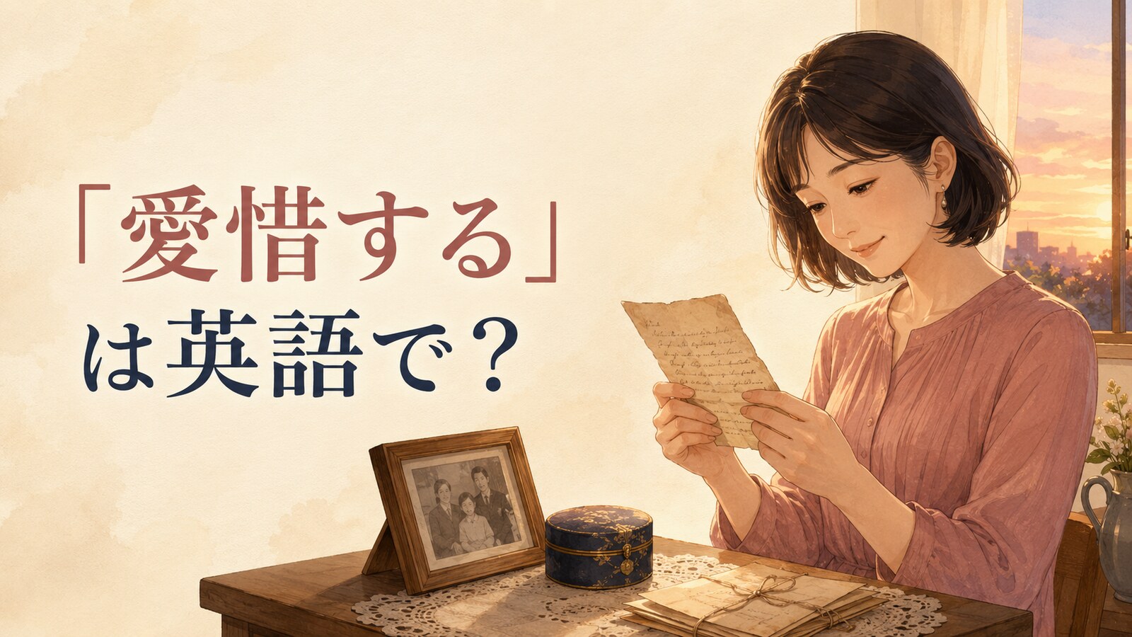 古い手紙と思い出を大切に見つめる女性。「愛惜する」は英語で？
