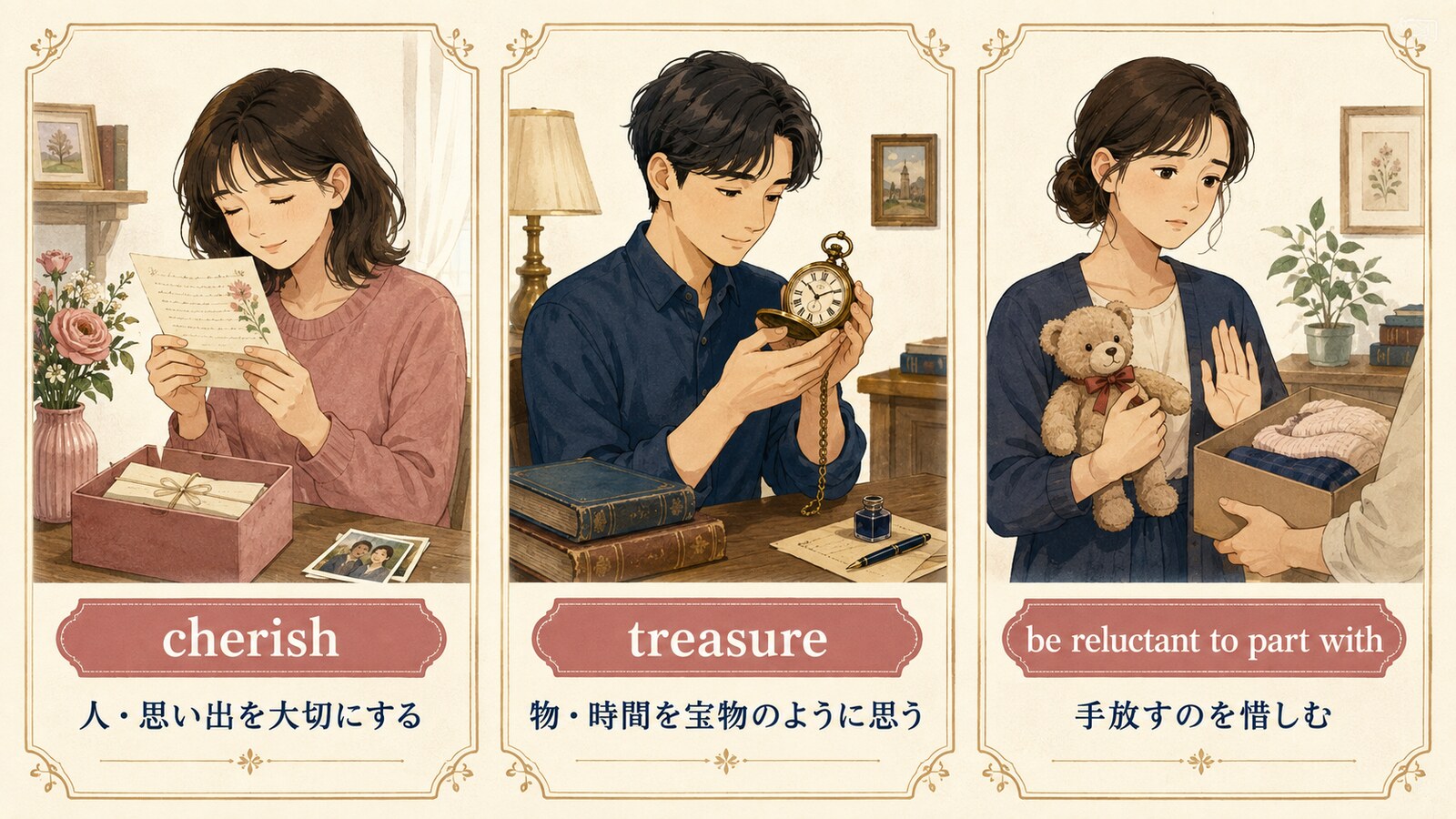 cherish、treasure、be reluctant to part withの違いを示す図解