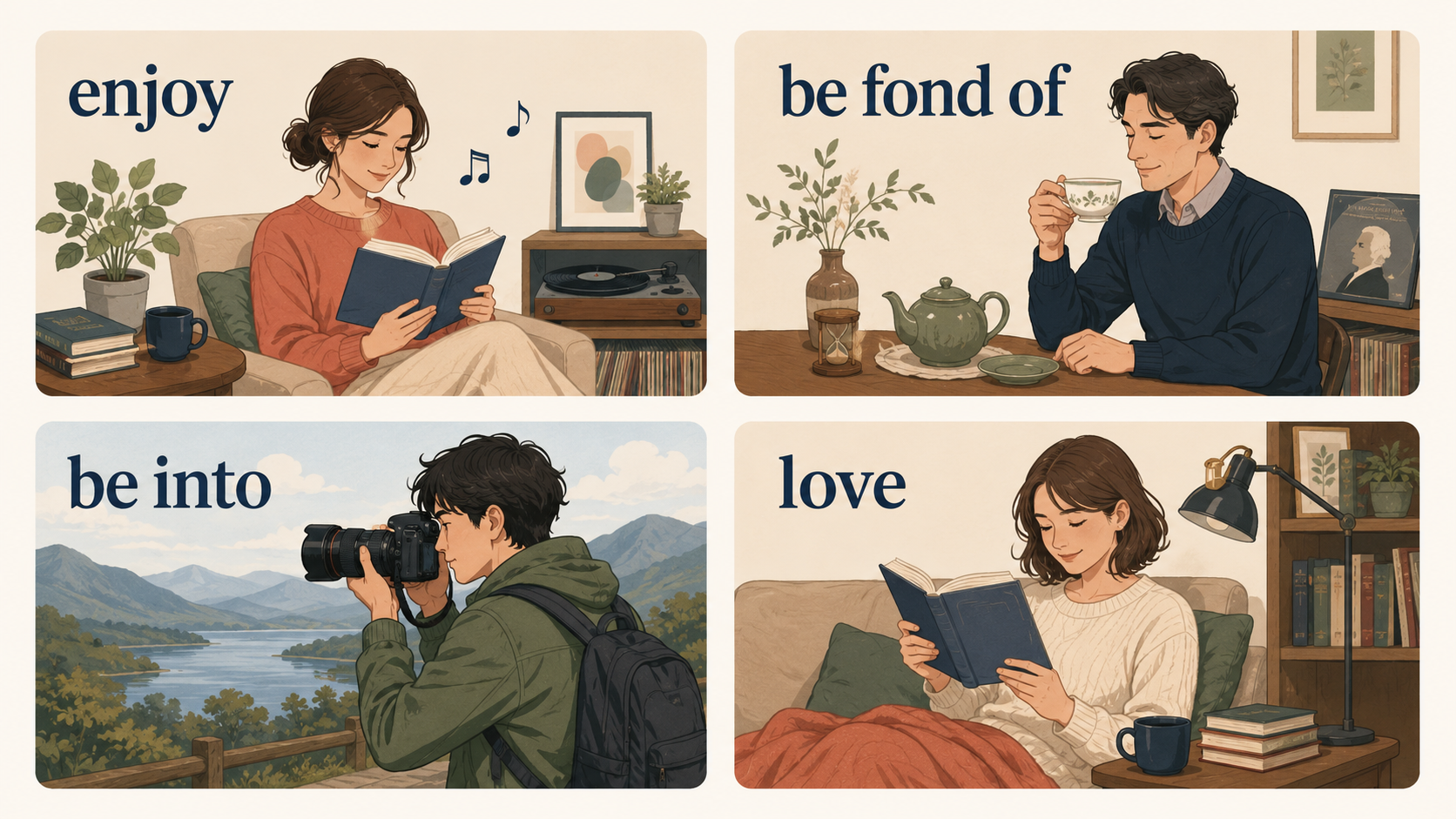 enjoy・be fond of・be into・loveの違いを示すイラスト