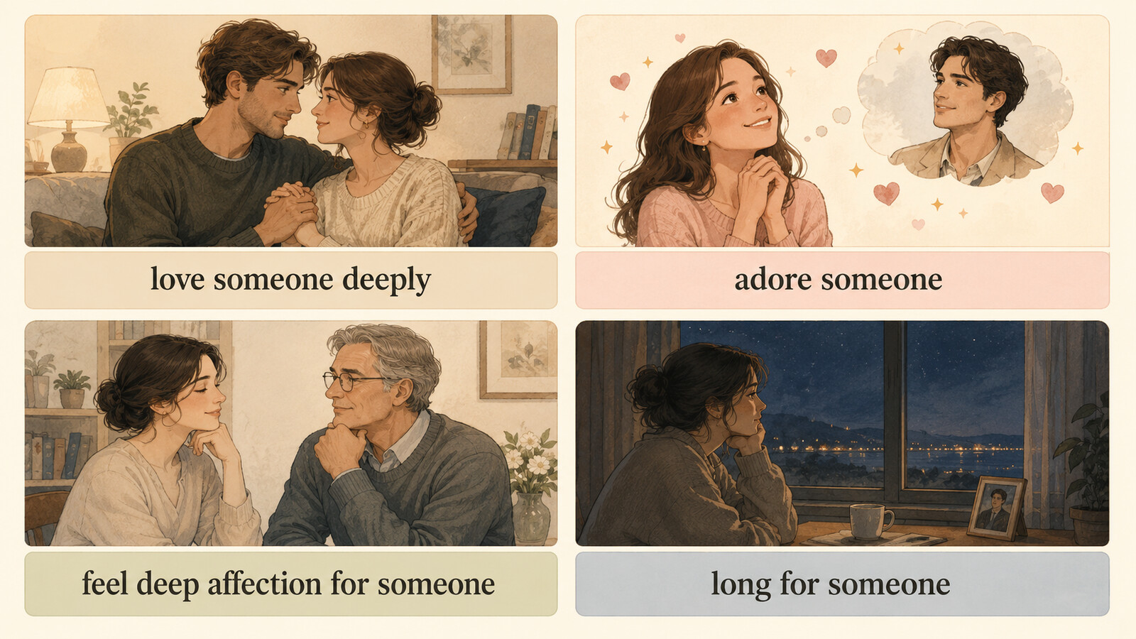 love someone deeply、adore someone、feel deep affection for someone、long for someoneの違い