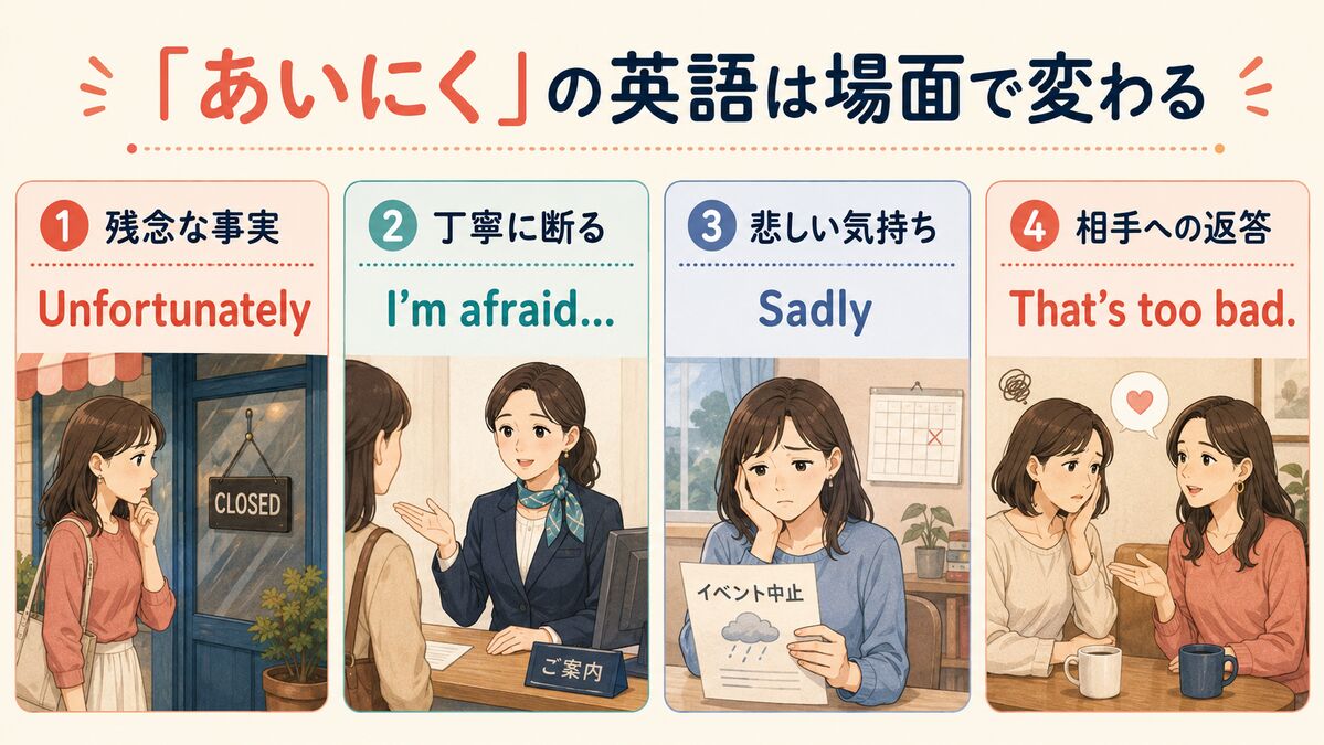 あいにくの英語は場面で変わる:Unfortunately・I'm afraid・Sadly・That's too bad