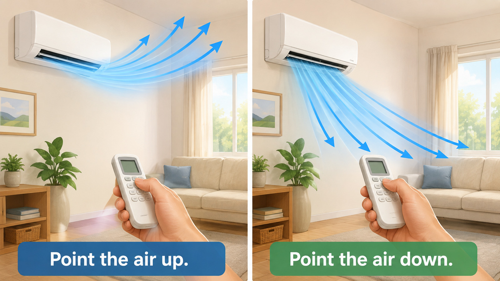 Point the air up.とPoint the air down.でエアコンの風向きを比較した図