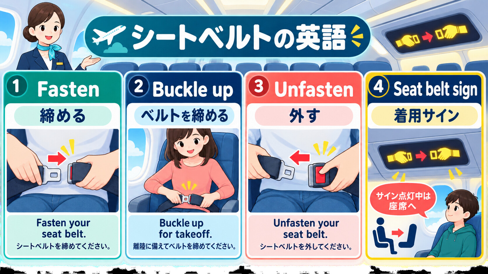 Fasten・Buckle up・Unfasten・Seat belt signの意味