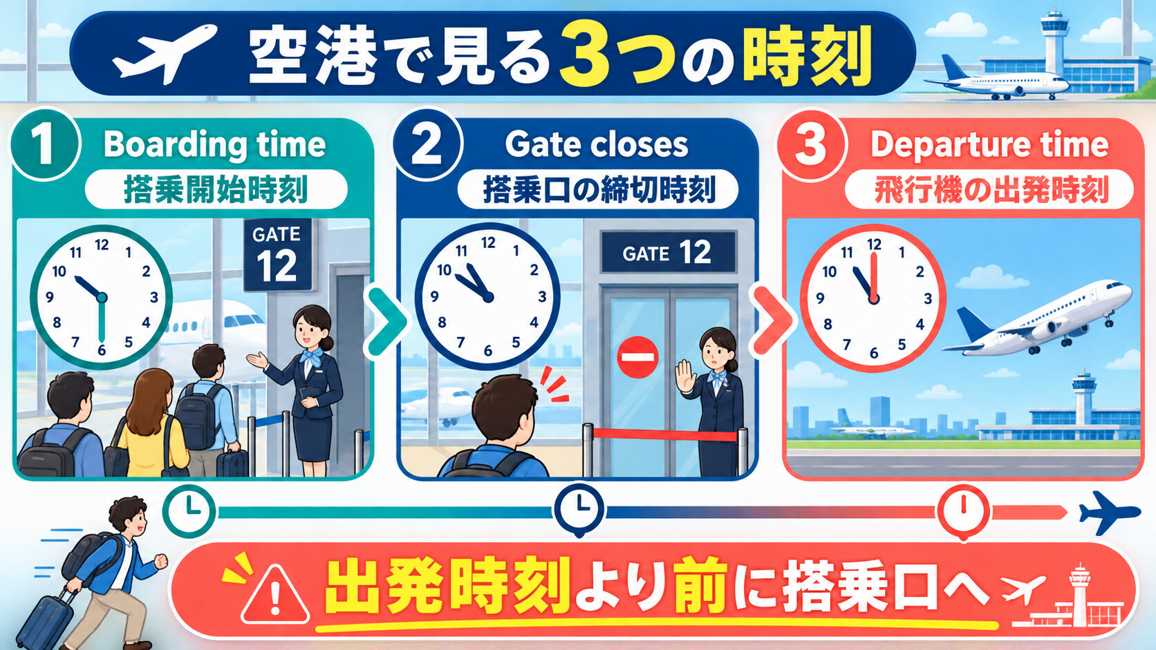 Boarding time・Gate closes・Departure timeの意味と順番