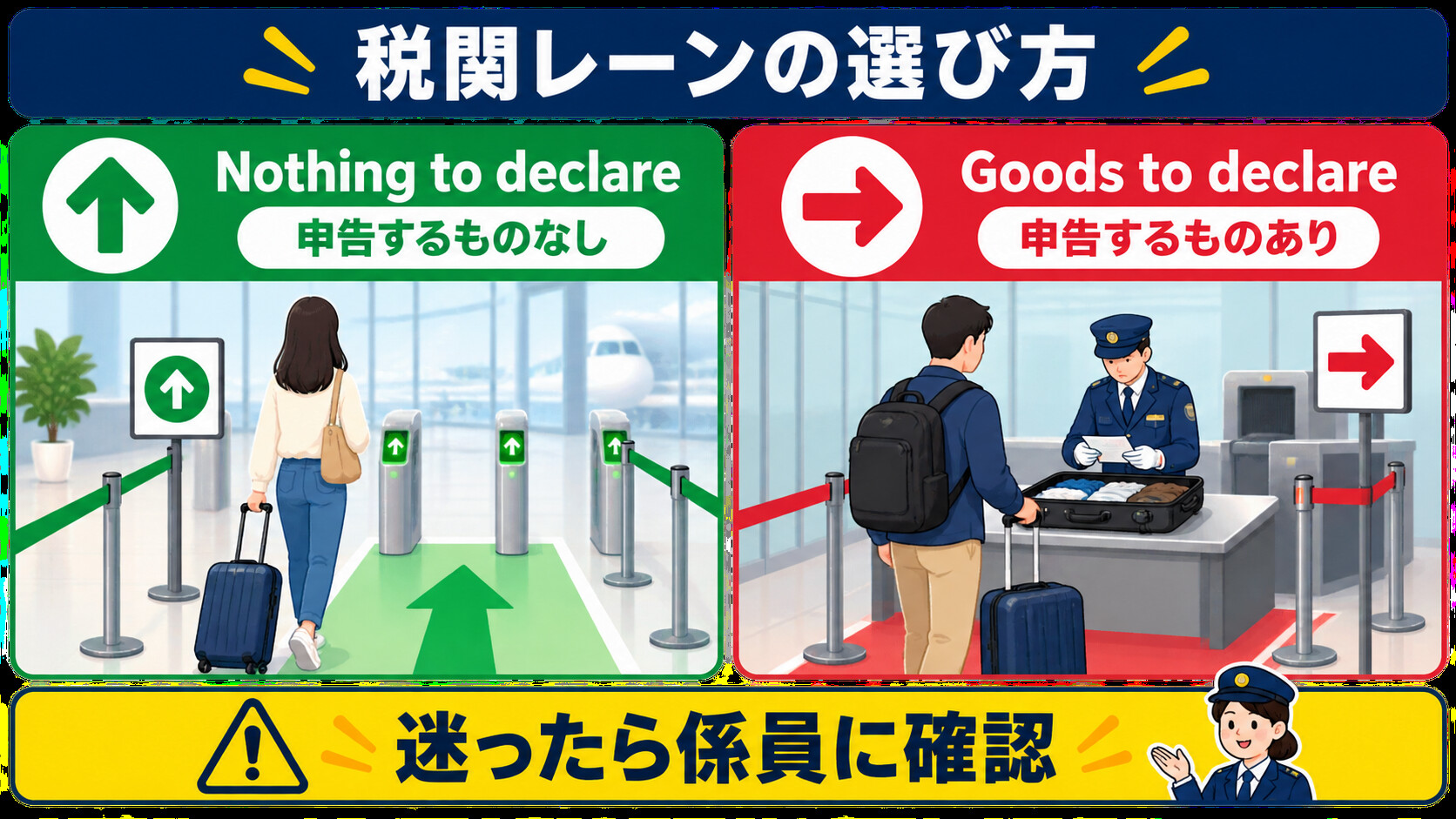 Nothing to declareの緑レーンとGoods to declareの赤レーン