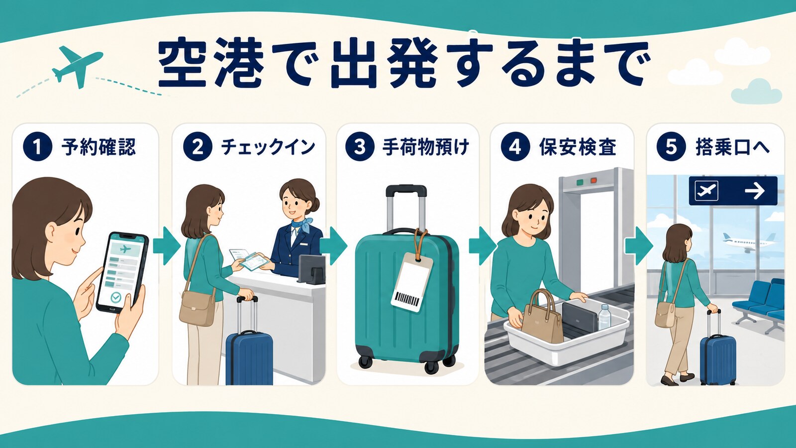 予約確認から搭乗口まで空港で出発する流れ