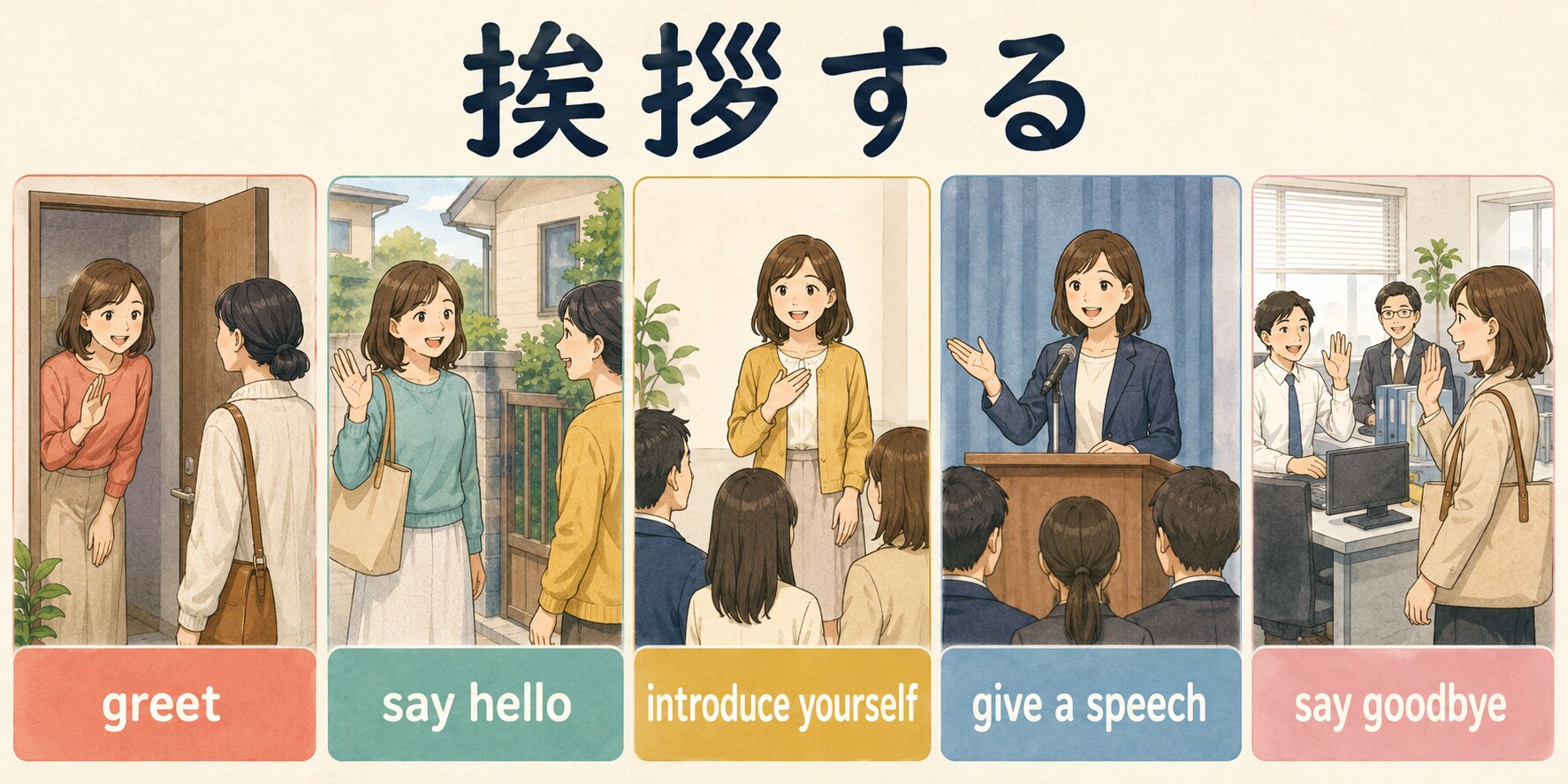 挨拶するを表すgreet、say hello、introduce yourself、give a speech、say goodbyeの比較