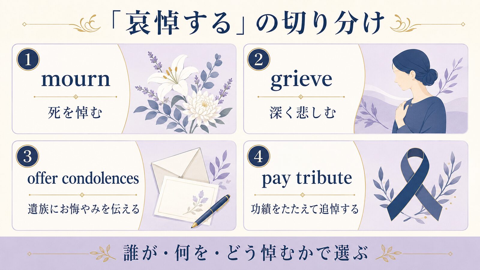 mourn・grieve・offer condolences・pay tributeによる「哀悼する」の使い分け