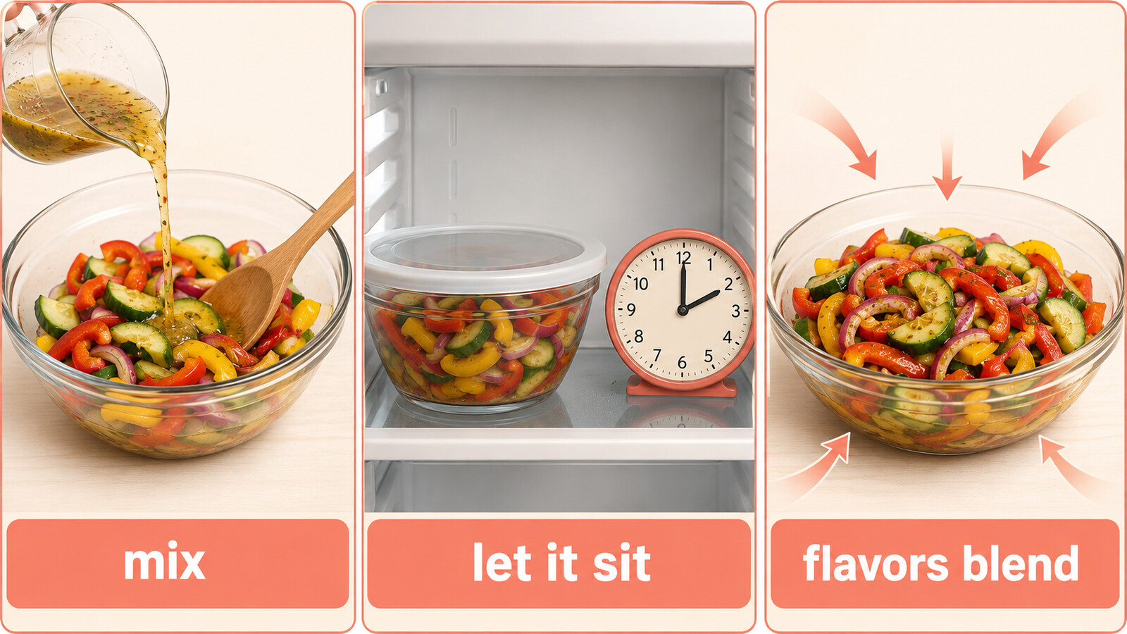 材料を混ぜて置き味がなじむまでをmix、let it sit、flavors blendで示す図