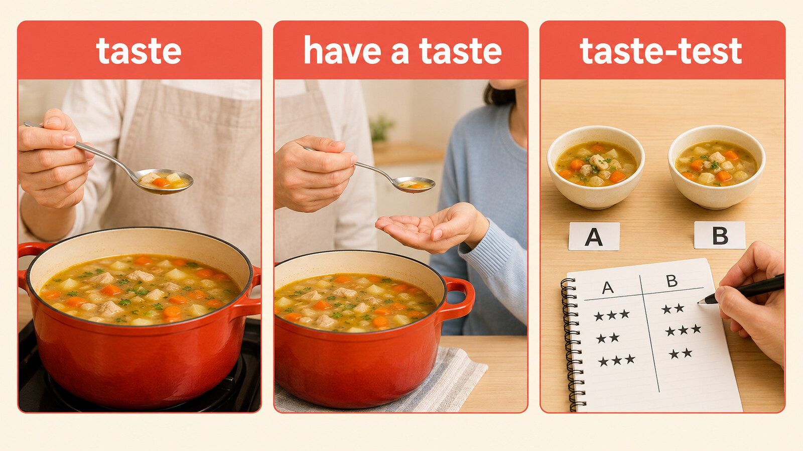 taste、have a taste、taste-testの使い方を比較する料理イラスト