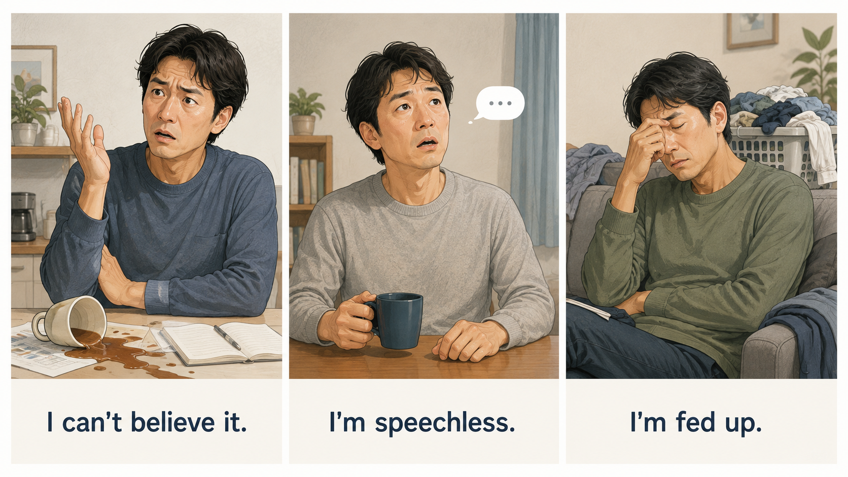 I can't believe it、I'm speechless、I'm fed upの違いを表す3場面のイラスト