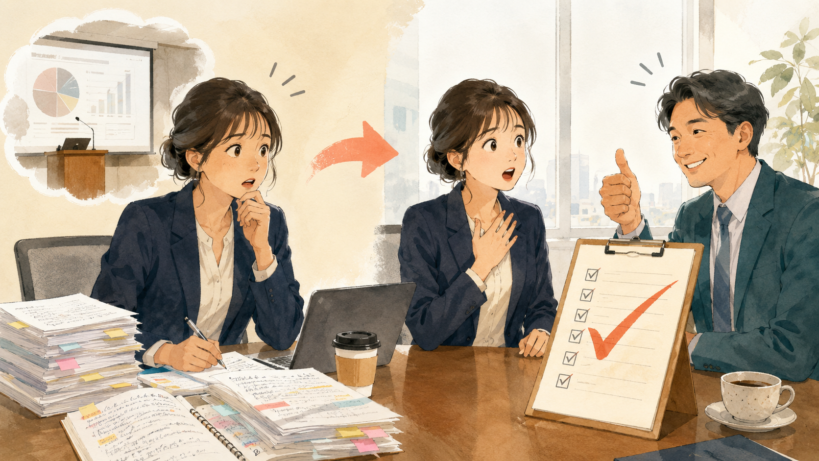 難しいと思った仕事があっけなく終わり驚く女性のイラスト