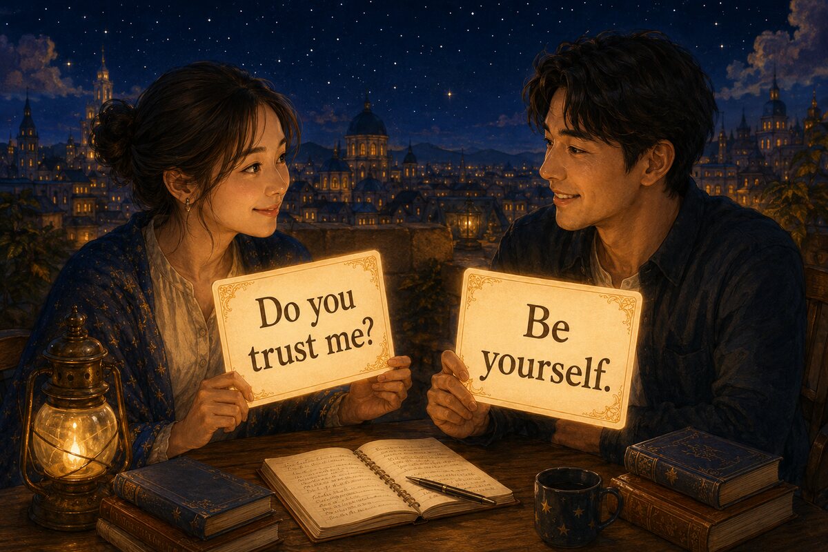 Do you trust me?とBe yourself.を練習する大人の英語学習者