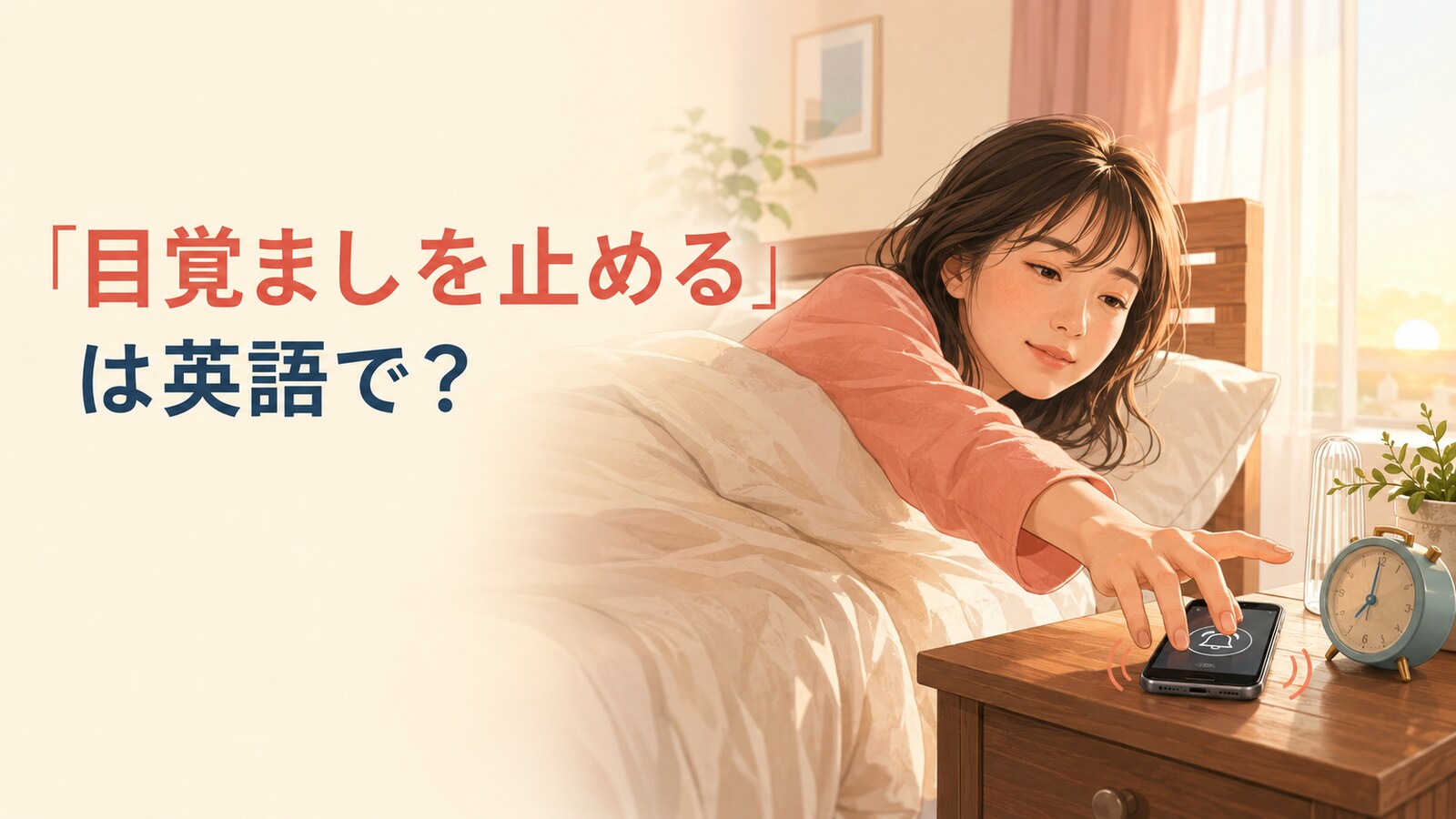 ベッドからスマートフォンの目覚ましを止める女性と「目覚ましを止める」は英語で?の文字