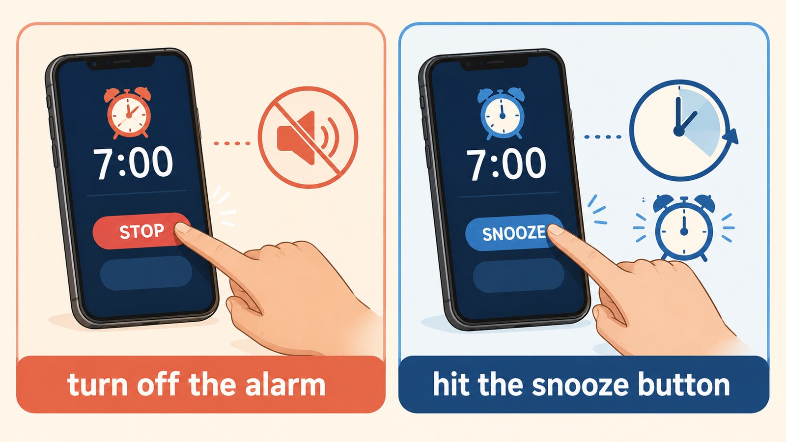 turn off the alarmとhit the snooze buttonの違いを示す比較図