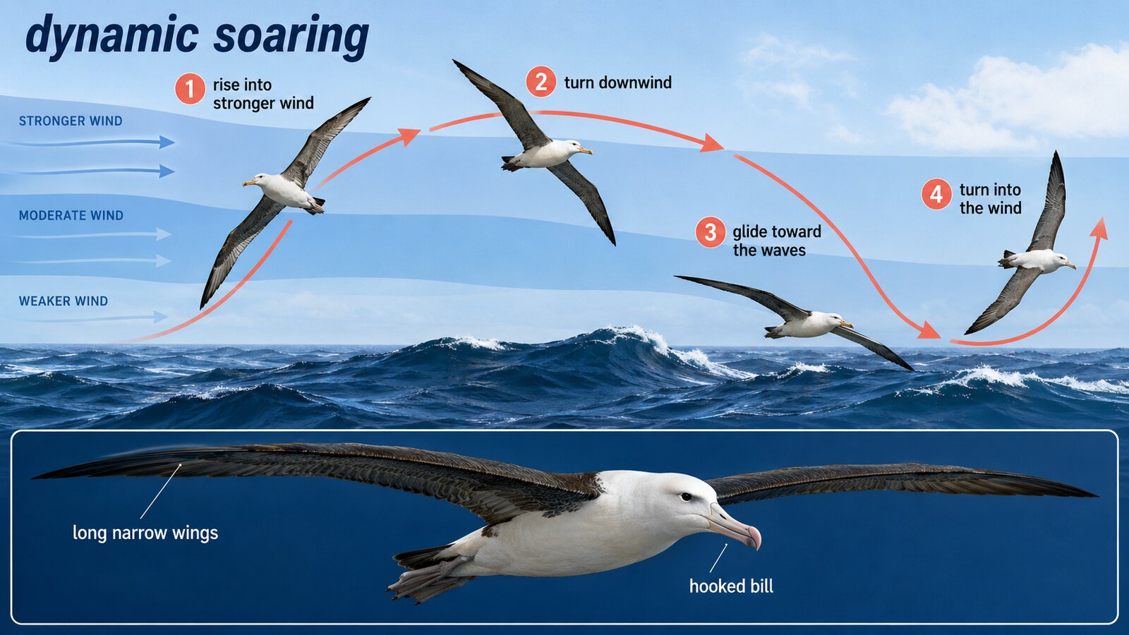 アホウドリが波と風を利用するdynamic soaringの4段階と体の特徴を示す英語図解