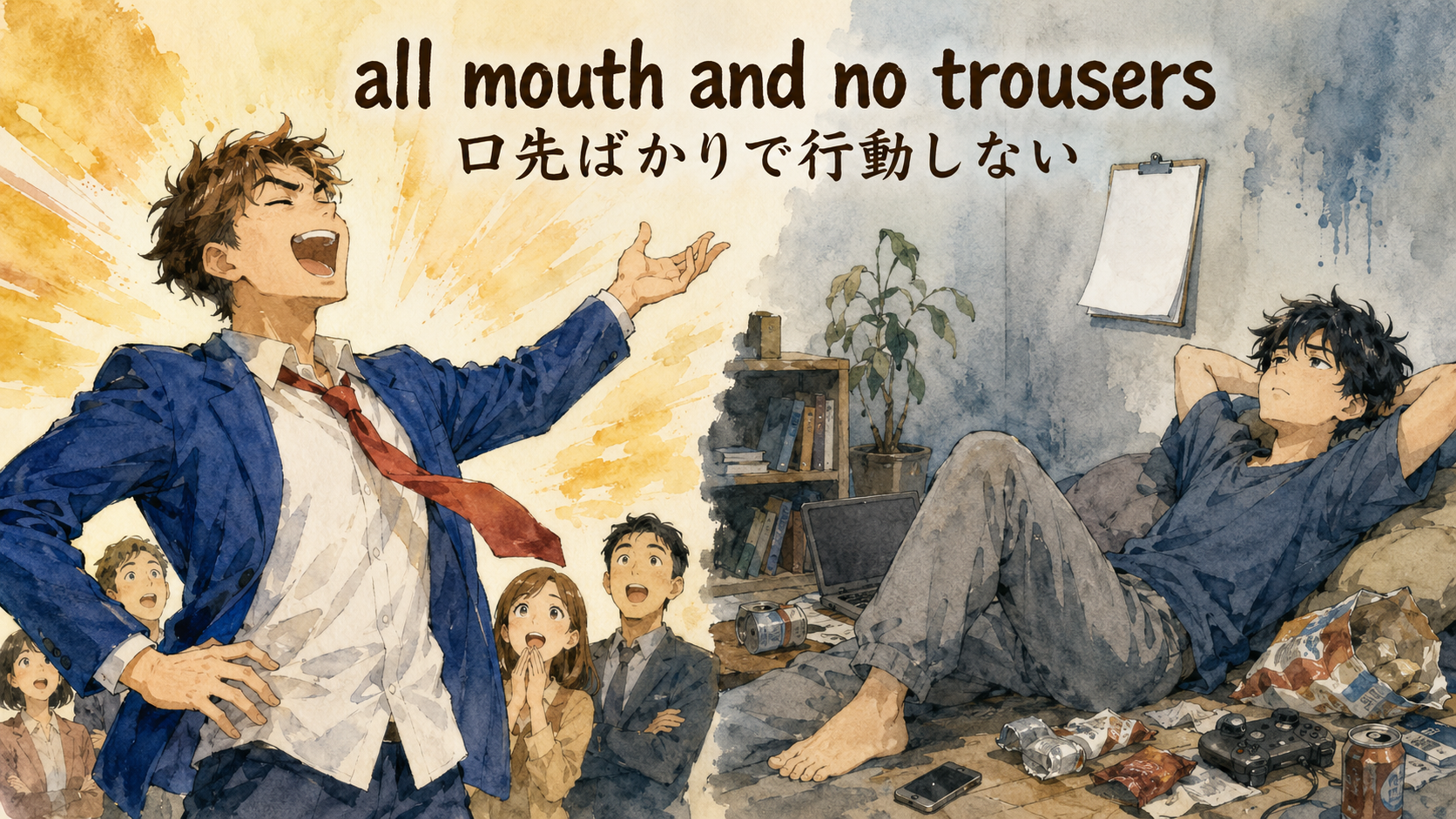 all mouth and no trousersの直訳と実際の意味を比較する解説イラスト