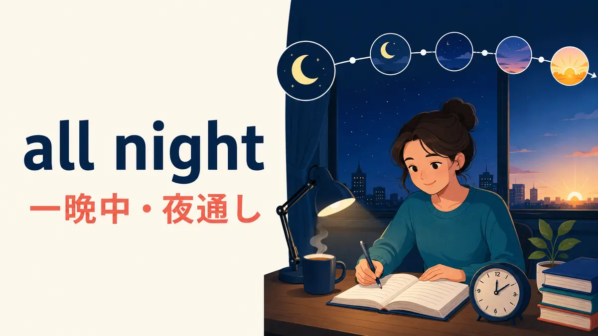 all nightの意味「一晩中・夜通し」を表すイラスト