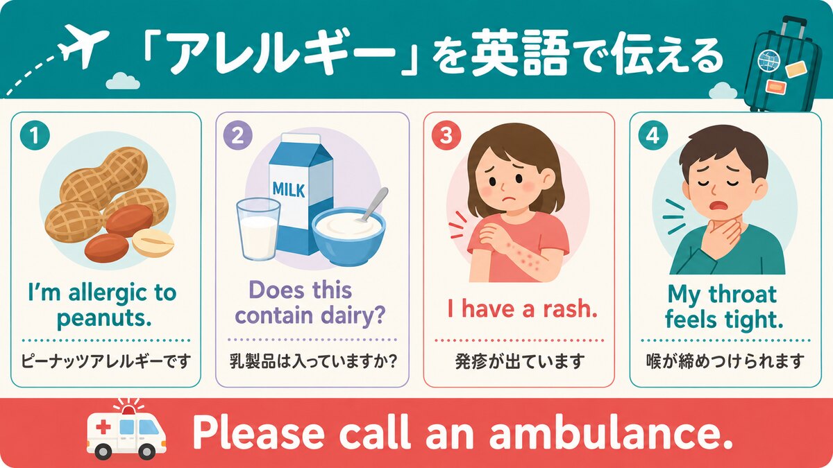 海外でアレルギーと症状を英語で伝える表現の図解