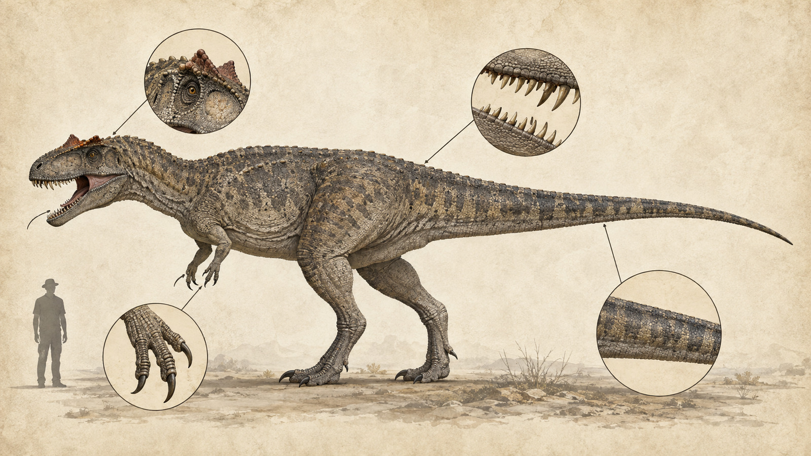 アロサウルスの目の上の隆起・鋸歯状の歯・三本指・長い尾を示した解説イラスト