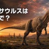 ジュラ紀の平原に立つアロサウルスと「アロサウルスは英語で?」の文字