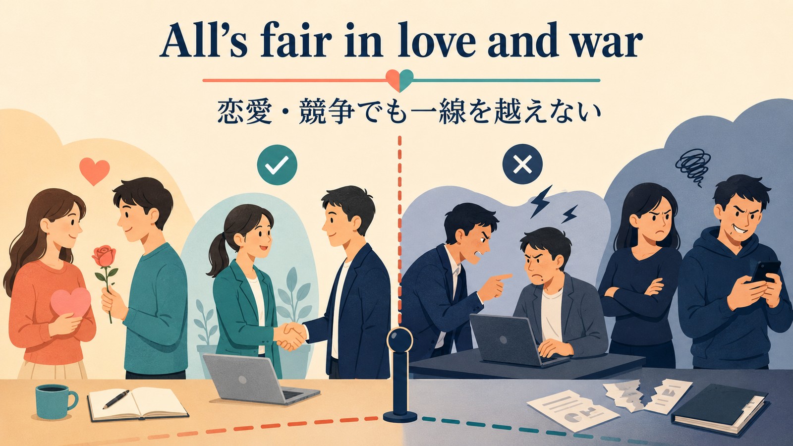 All’s fair in love and war.のニュアンス解説イラスト