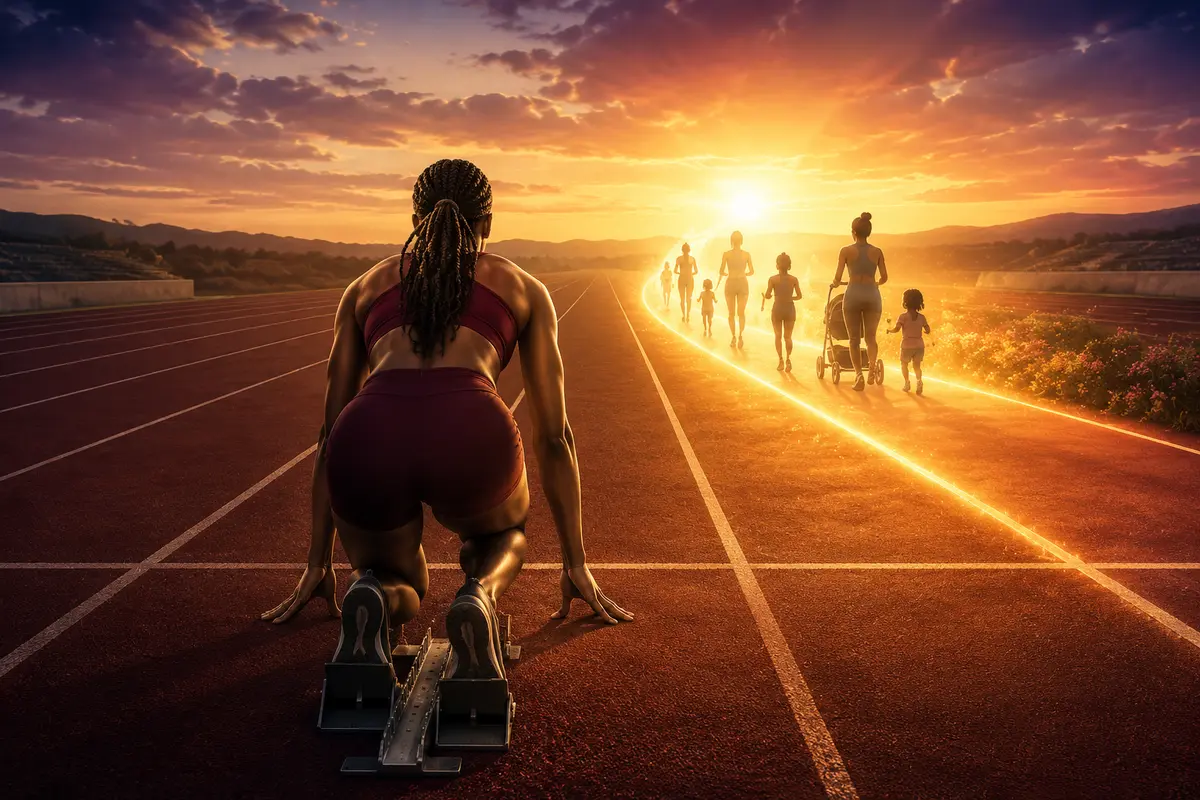 A sprinter at the starting line opening a brighter lane for women and mothers