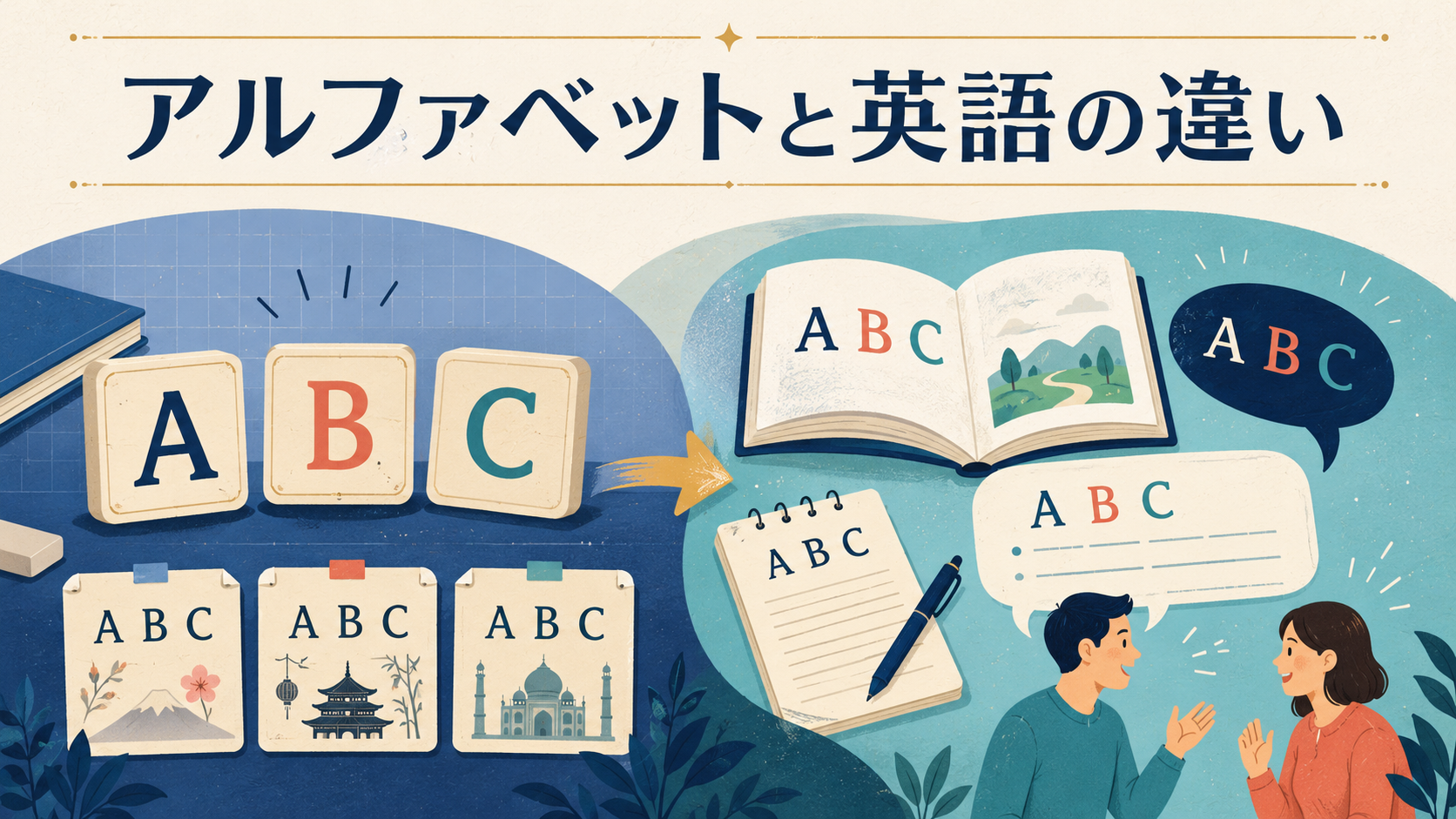 アルファベットと英語の違いを表すイラスト