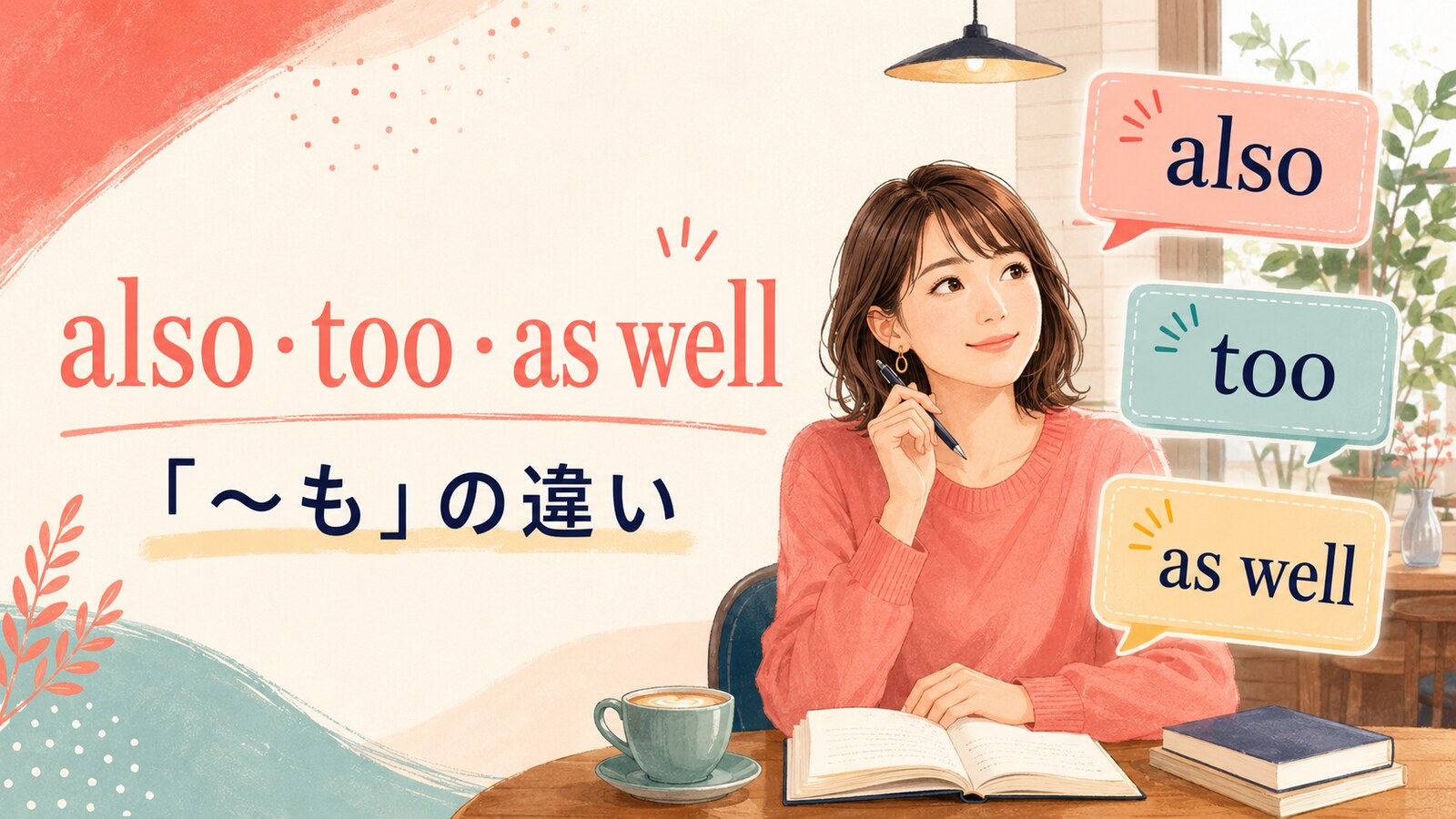 also・too・as wellの「〜も」の違いを学ぶ女性