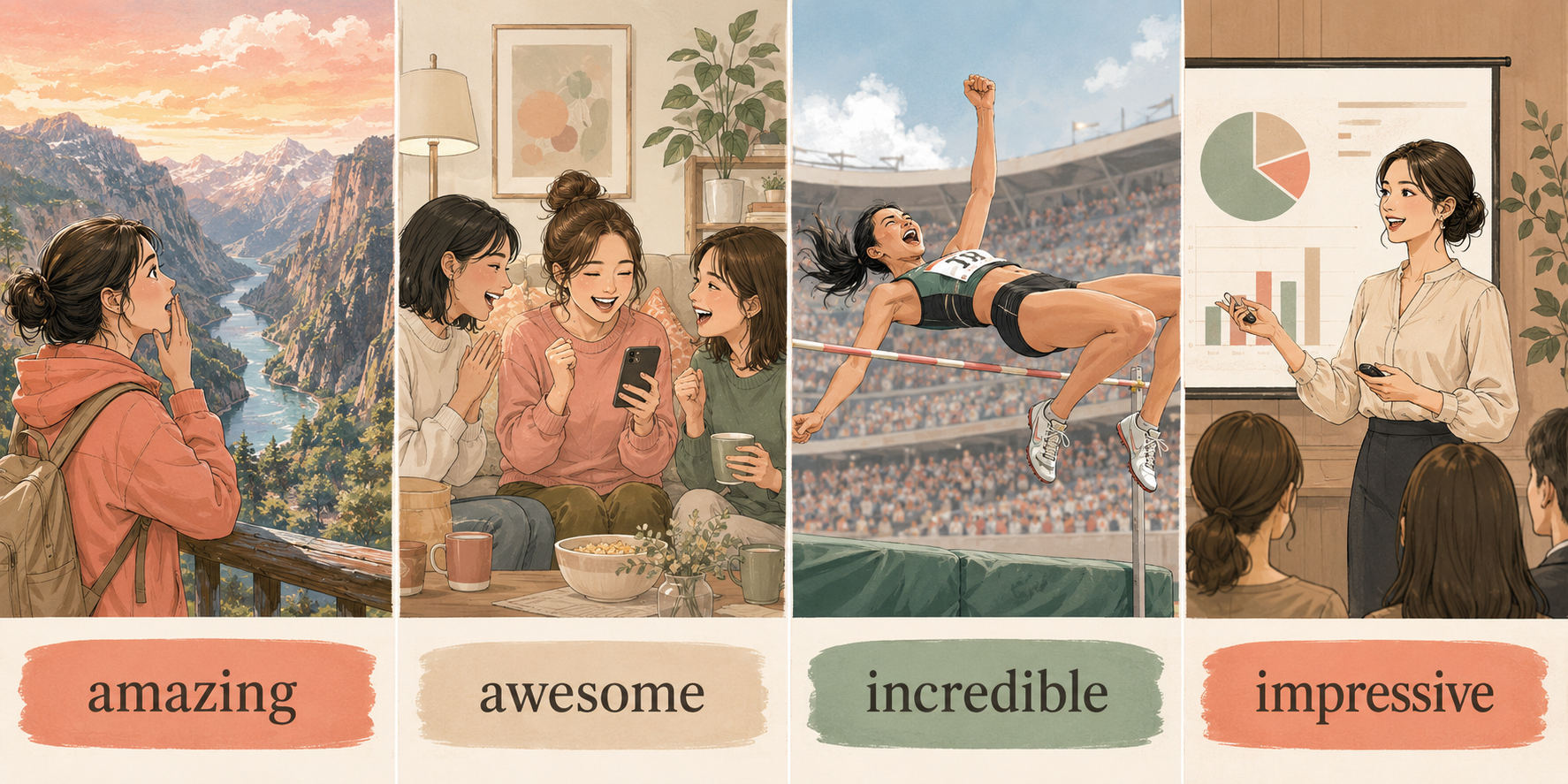 amazing、awesome、incredible、impressiveのニュアンスを表した4つの場面