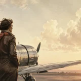 飛行機と空を見つめる女性飛行士のイラスト