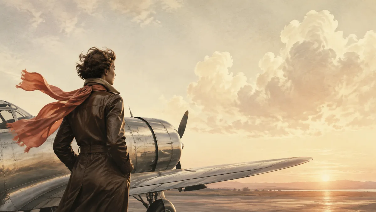 飛行機と空を見つめる女性飛行士のイラスト