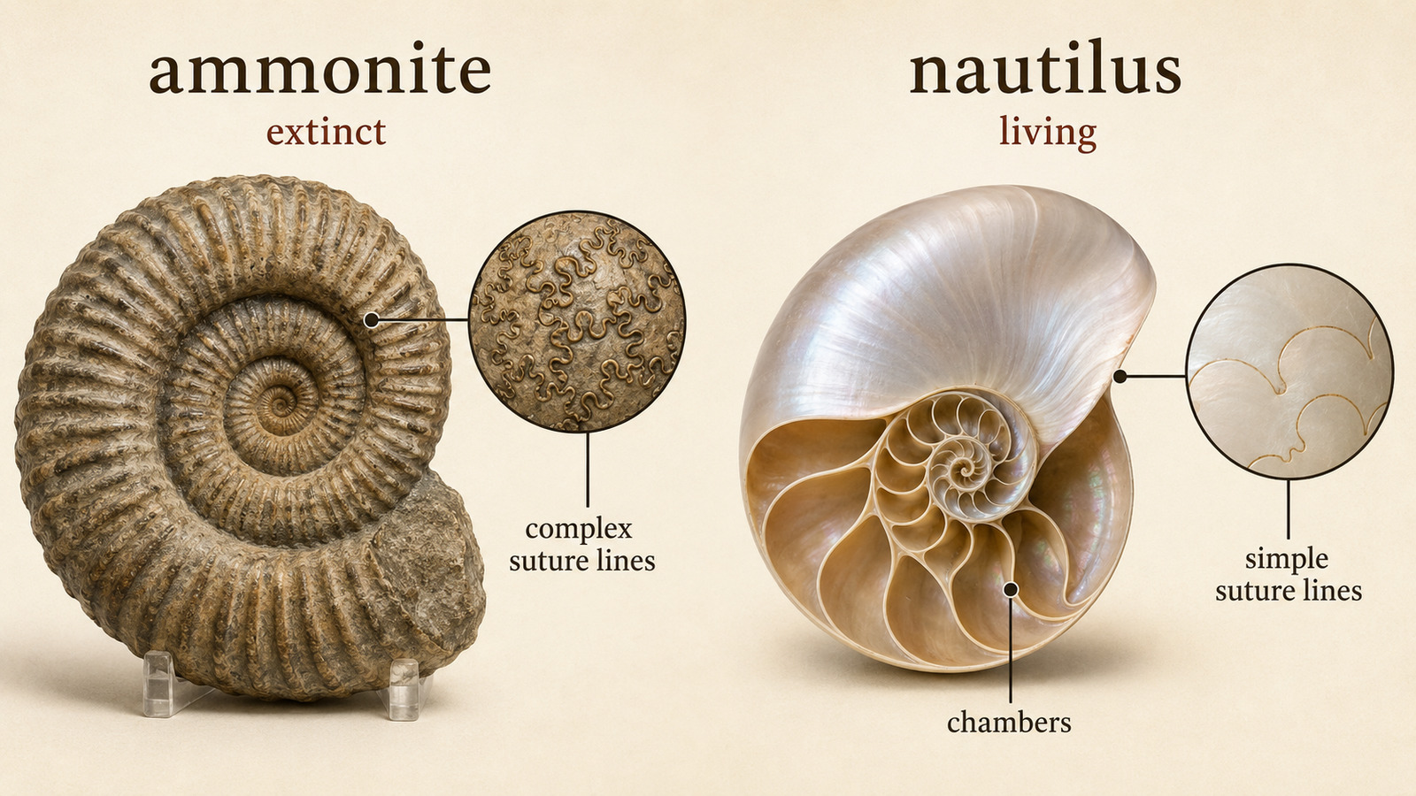 絶滅したammoniteの複雑なsuture linesと現生nautilusの単純なsuture lines・chambersを比較する図