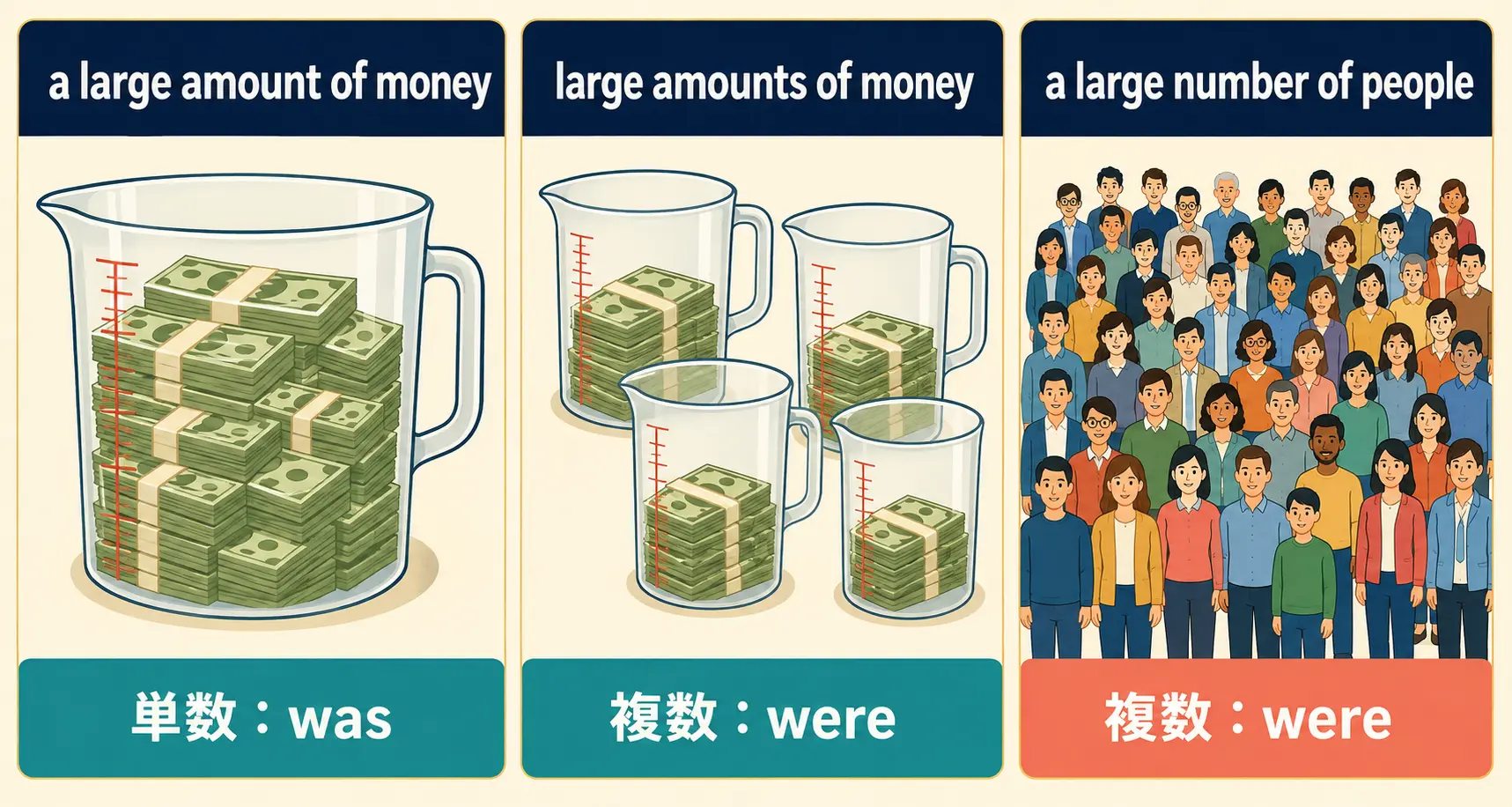 a large amount of、large amounts of、a large number ofの動詞の一致を説明する図