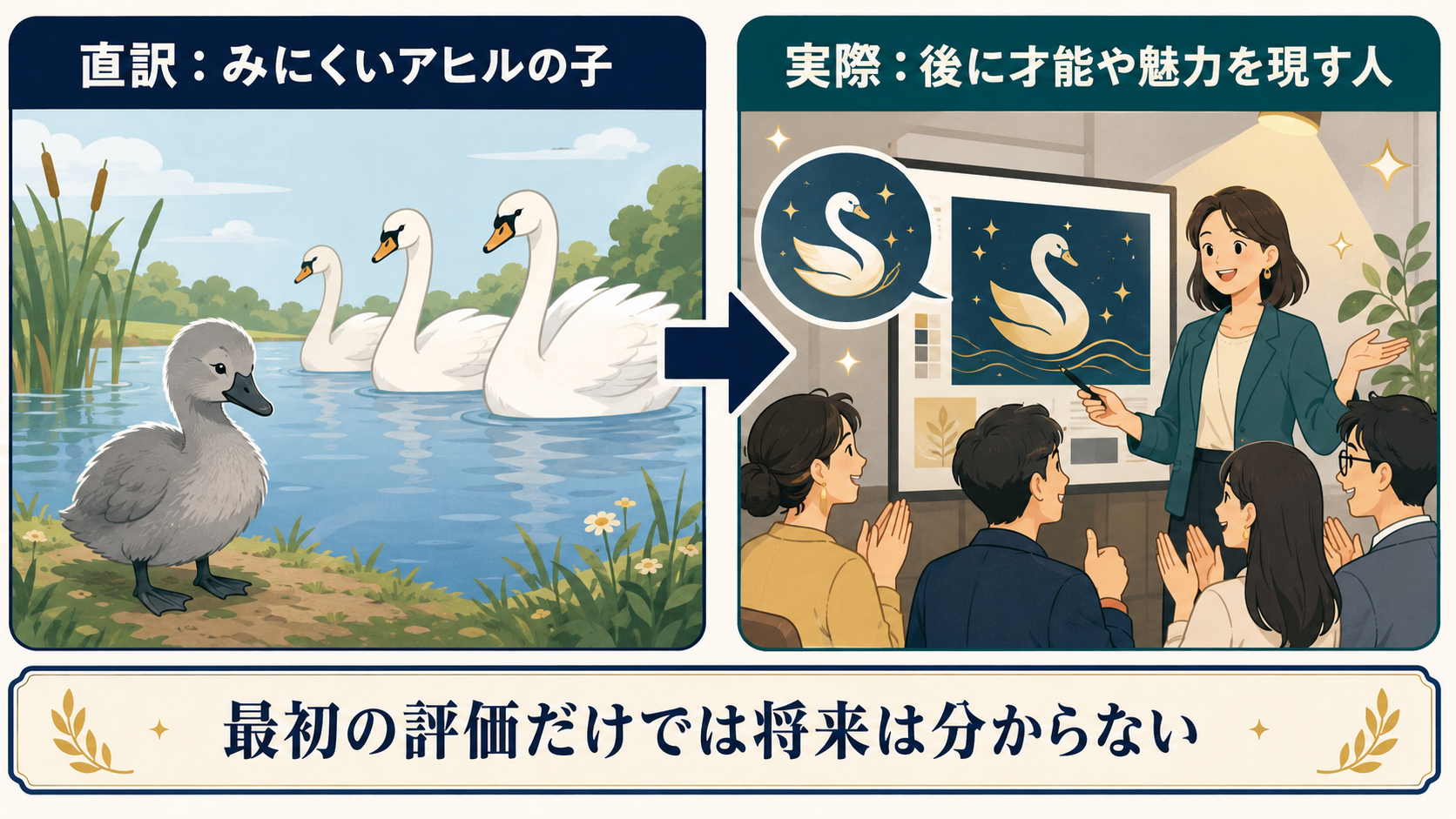an ugly ducklingの直訳「みにくいアヒルの子」と実際の意味「後に才能や魅力を現す人」の比較イラスト