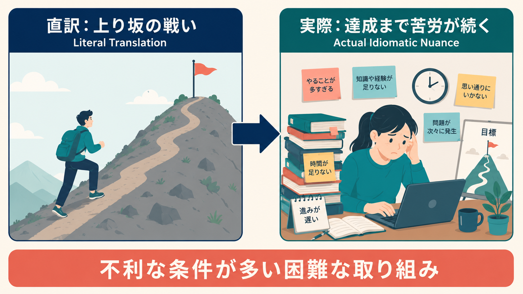 an uphill battleの直訳「上り坂の戦い」と実際の意味「達成まで苦労が続く」の対比
