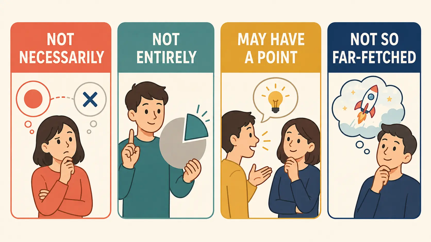 not necessarily・not entirely・may have a point・not so far-fetchedの比較イラスト