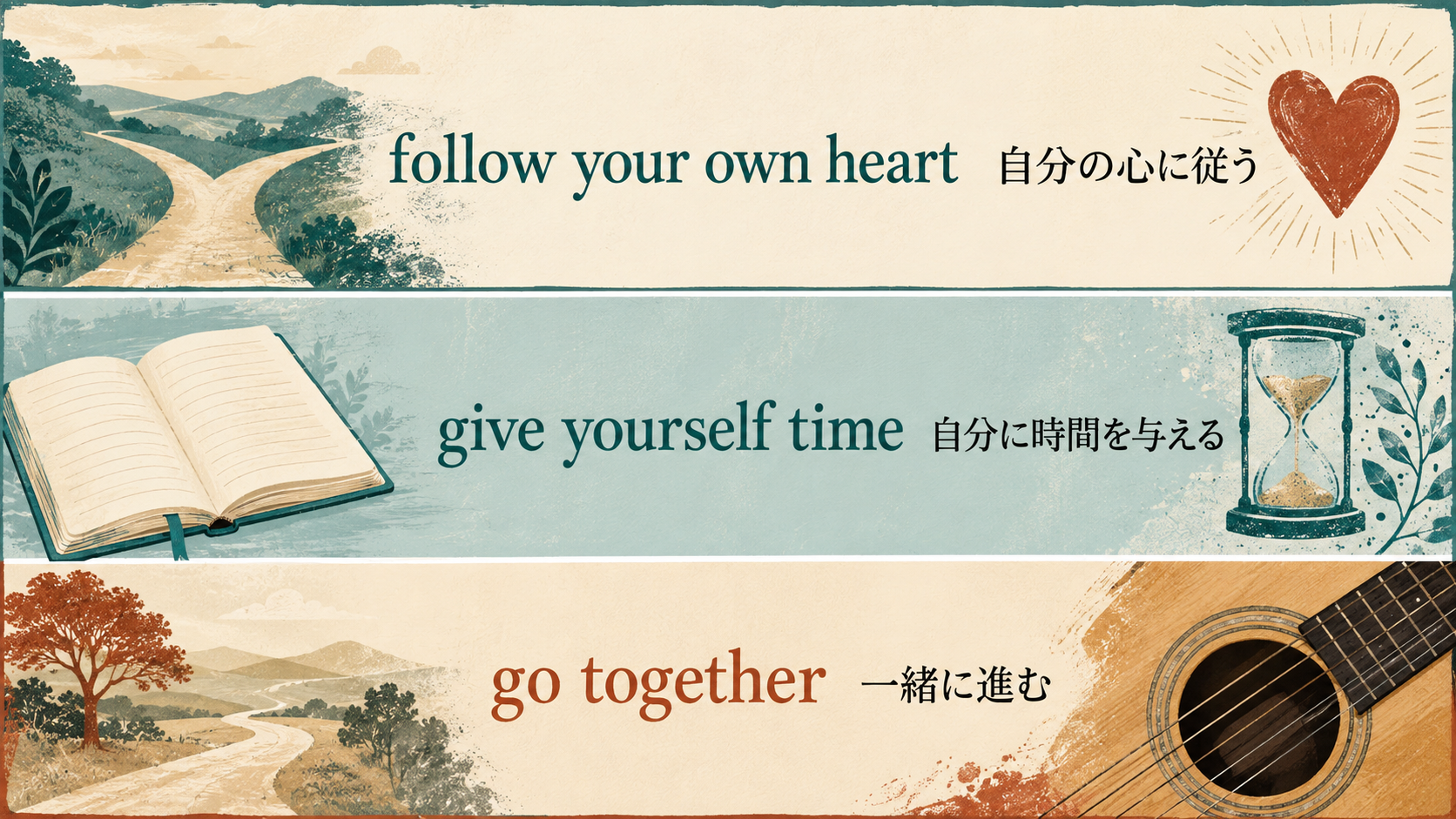 follow your own heart、give yourself time、go together の意味