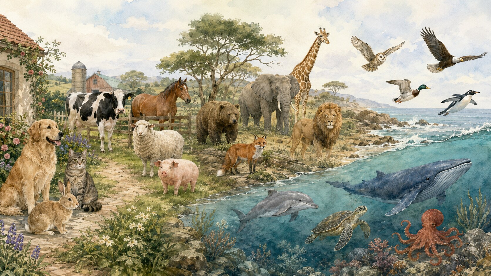 ペット・家畜・野生動物・鳥・海の生き物を種類別に描いた英語学習イラスト