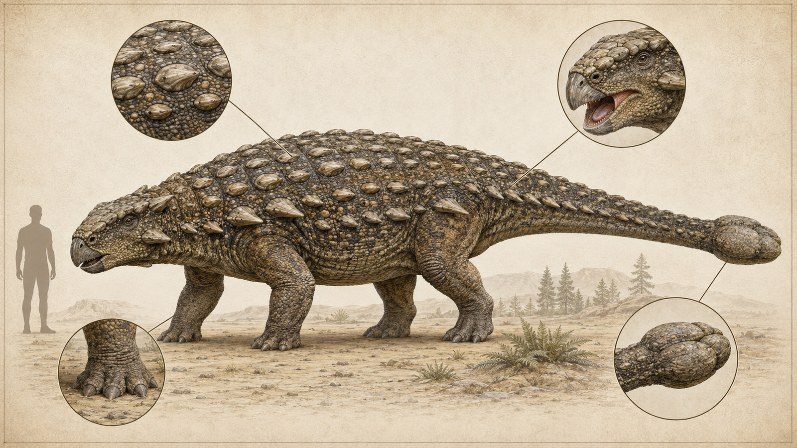 アンキロサウルスの骨質の装甲・くちばし・四本脚・尾のこん棒を示した解説イラスト