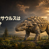 白亜紀の森を歩く装甲に覆われたアンキロサウルスと「アンキロサウルスは英語で?」の文字