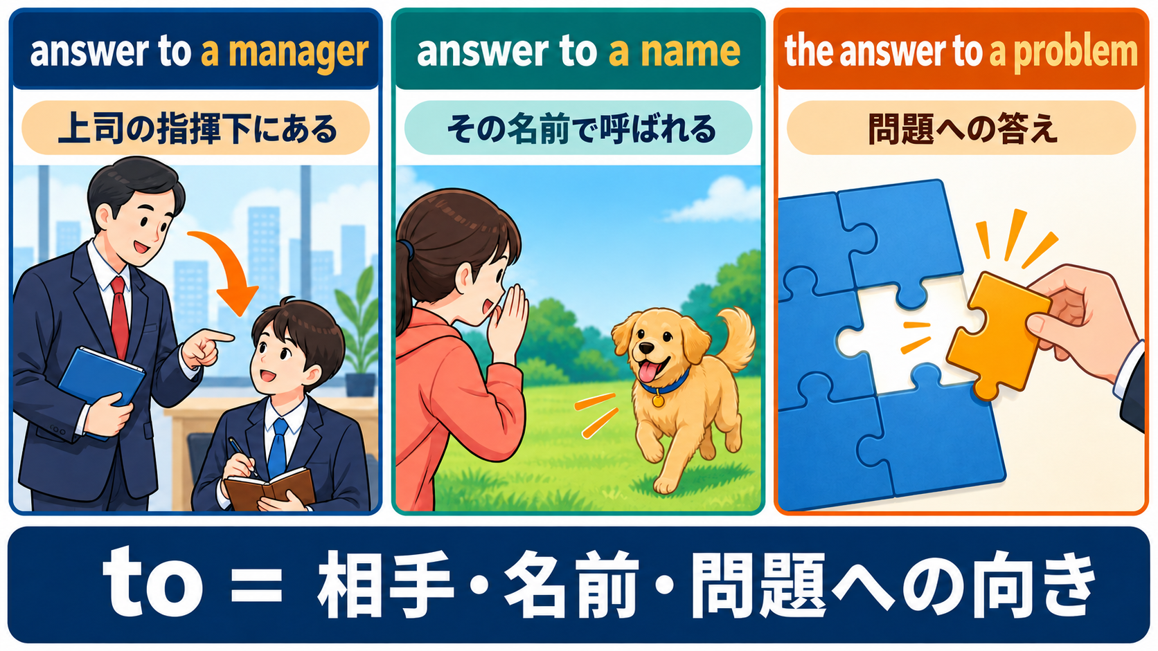 answer to a manager・answer to a name・the answer to a problemの違いを示す図